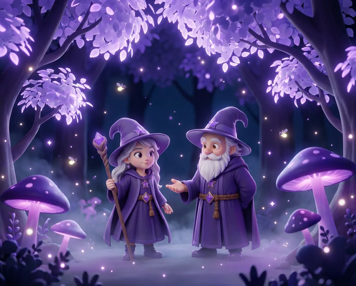 Flurra's wizard coaches in a glowing magical forest